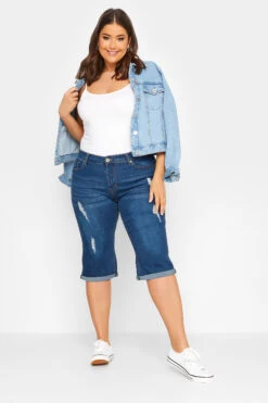 YOURS Curve Blue Distressed Denim Capri Shorts