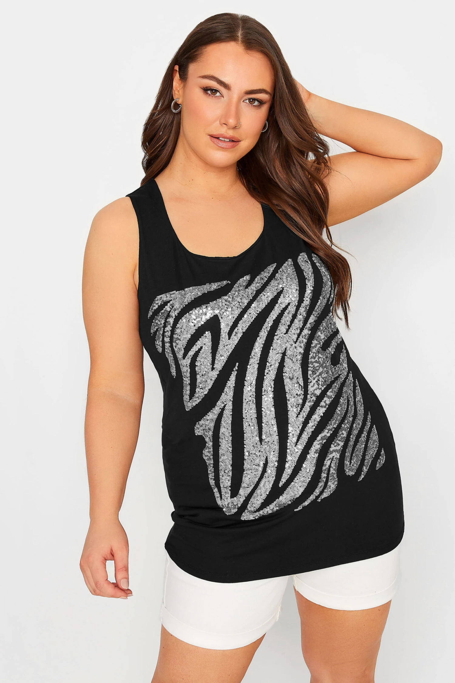 YOURS Curve Black Zebra Print Sequin Vest Top 1 YOURS Curve Black Zebra Print Sequin Vest Top