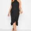 YOURS LONDON Curve Black Halter Neck Ruffle Bodycon Wrap Dress