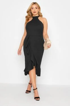YOURS LONDON Curve Black Halter Neck Ruffle Bodycon Wrap Dress