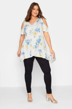 YOURS LONDON Curve White Floral Print Cold Shoulder Top