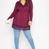 YOURS Curve Dark Pink Crochet Trim Long Sleeve Tunic Top