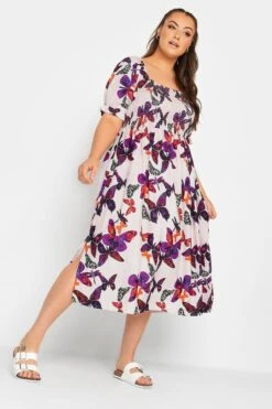 YOURS Curve Light Pink Butterfly Print Shirred Midaxi Dress