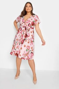 YOURS LONDON Curve Pink Floral Print Wrap Midi Dress