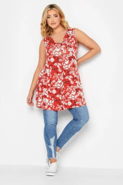 YOURS Curve Red Floral Pleat Front Vest Top