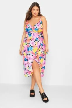 LIMITED COLLECTION Curve Pink Floral Print Strappy Wrap Dress