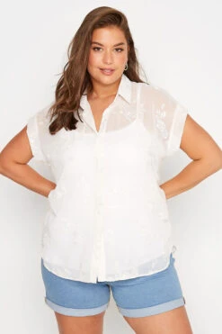YOURS Curve White Floral Print Embroidered Shirt