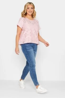 PixieGirl YOURS PETITE Curve Light Pink Broderie Anglaise Short Sleeve Top