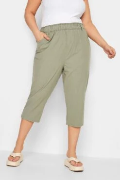 YOURS Curve Khaki Green Cotton Cropped Trousers