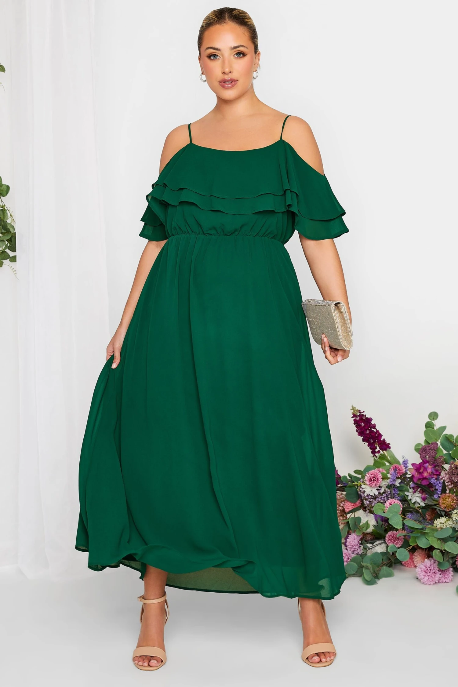 YOURS LONDON Curve Forest Green Bardot Ruffle Maxi Dress 1 YOURS LONDON Curve Forest Green Bardot Ruffle Maxi Dress