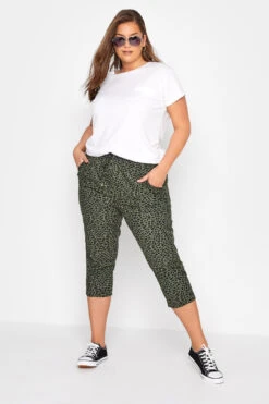 YOURS Curve Khaki Green Animal Print Cropped Joggers
