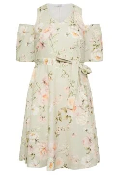 YOURS LONDON Curve Sage Green Floral Cold Shoulder Skater Dress -Luna Looks Zone 6e3cfed2 2e64 47 162149 X