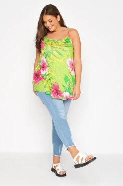 YOURS Curve Green Tropical Print Strappy Vest Top