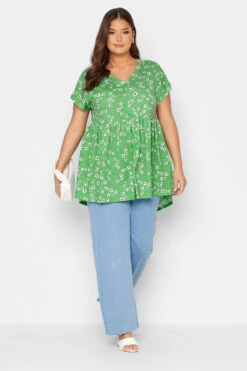 YOURS Curve Green Daisy Print Button Through Smock Top
