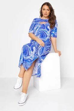 YOURS Curve Blue Marble Print Cut Out T-Shirt Dress
