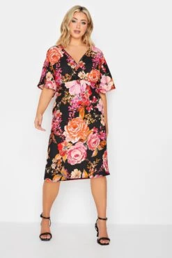 YOURS PETITE Curve Black Floral Wrap Midi Dress