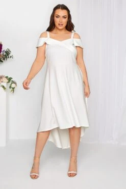 YOURS LONDON Curve White Bardot High Low Bridal Midi Dress