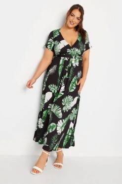 YOURS Curve Black Leaf Print Wrap Front Midaxi Dress