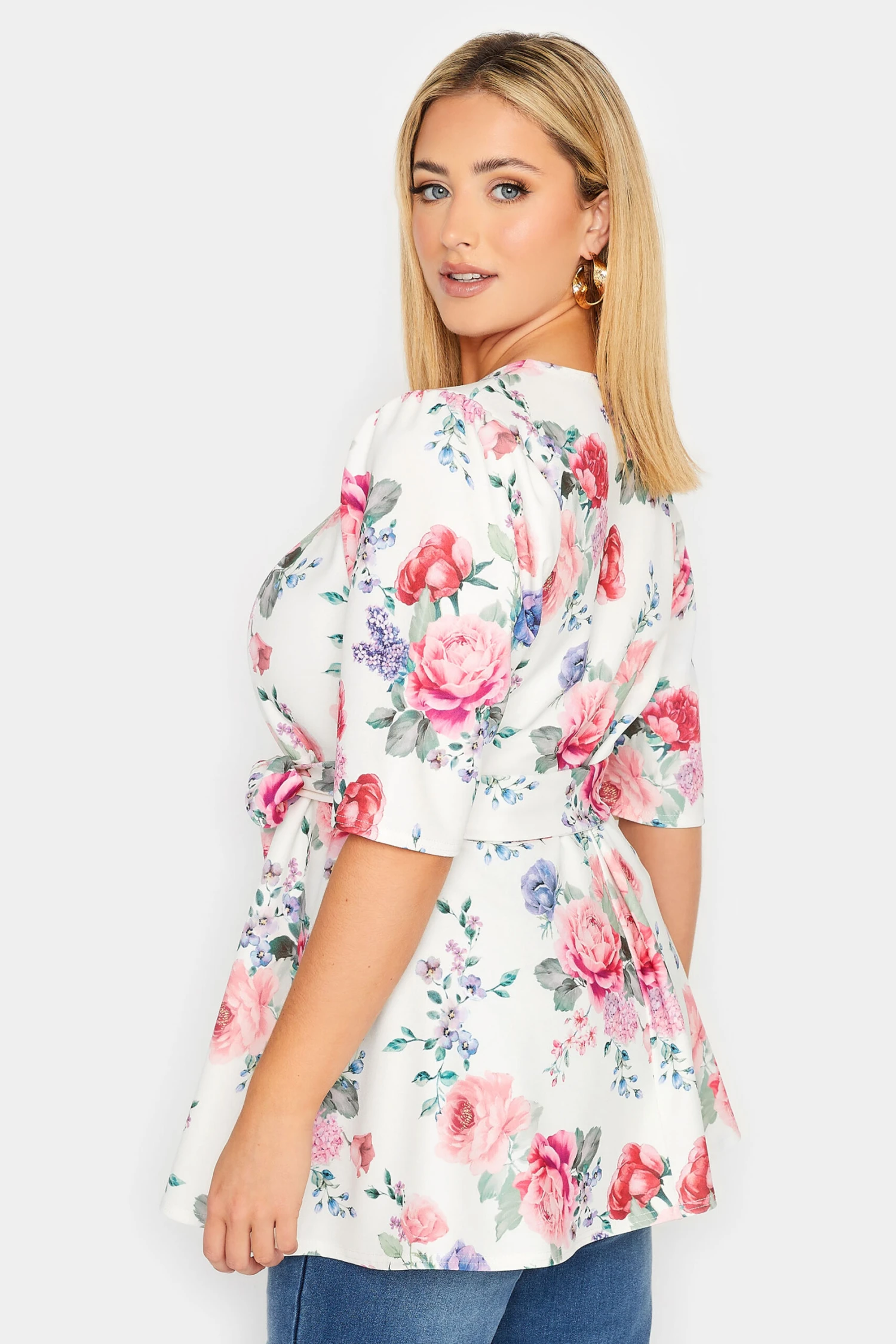 YOURS LONDON Curve White & Pink Floral Print Peplum Top 2 YOURS LONDON Curve White & Pink Floral Print Peplum Top - Image 2