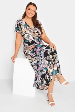 YOURS Curve Black Paisley Print V-Neck Midaxi Dress