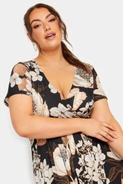 YOURS Curve Black Neutral Floral Print Wrap Front Midaxi Dress -Luna Looks Zone 74bb9a6e 44d0 4e 302154 D