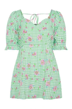 LIMITED COLLECTION Curve Green Gingham Floral Puff Sleeve Peplum Top -Luna Looks Zone 74fe8f01 9d0d 4f 214366 F