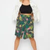 YOURS Curve Black Mixed Tropical Print Jersey Shorts