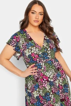 YOURS Curve Black & Green Ditsy Print Frill Sleeve Wrap Maxi Dress -Luna Looks Zone 774083c8 69e1 49 301889 D