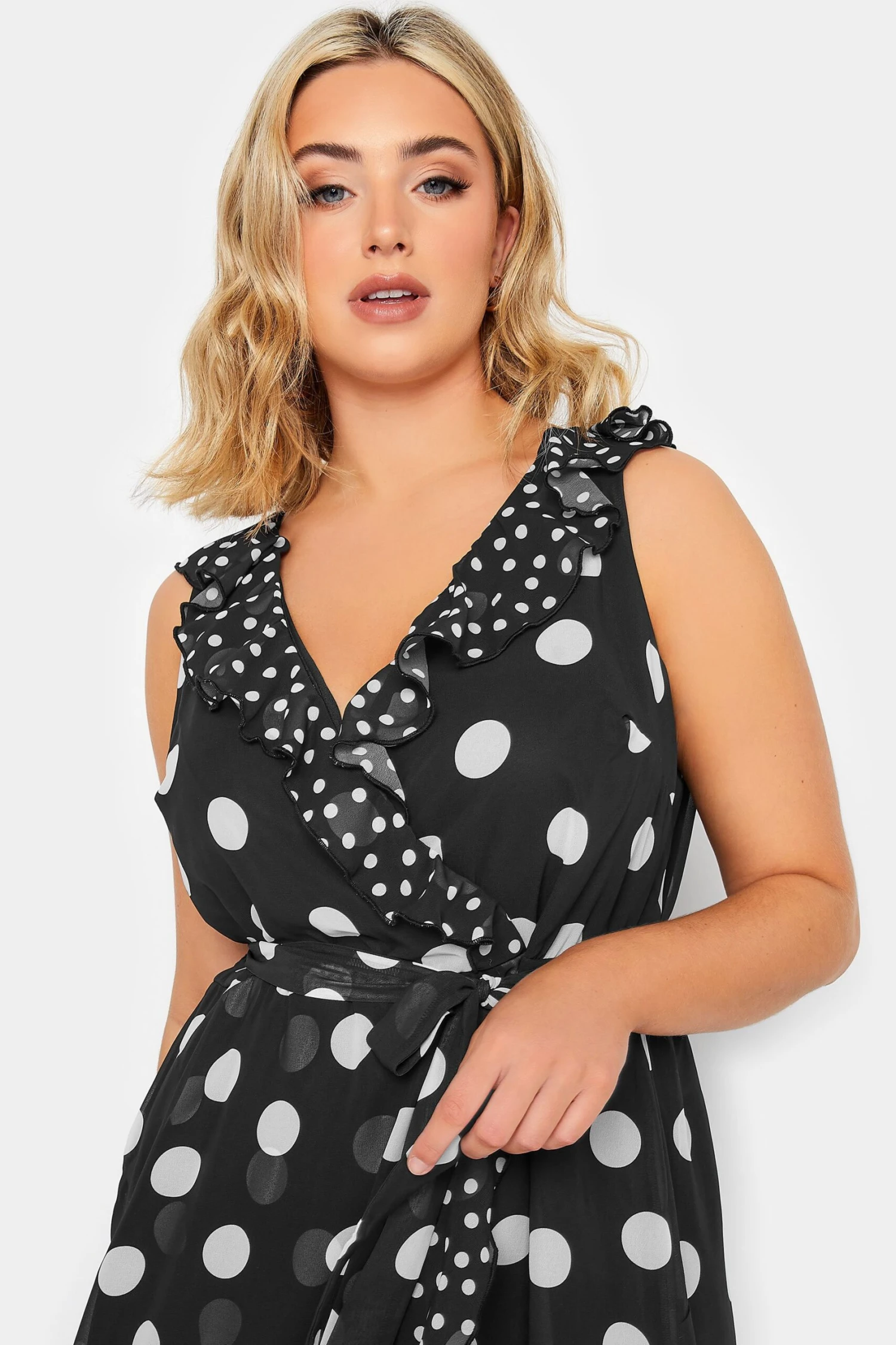 YOURS LONDON Curve Black Polka Dot Print Double Ruffle Wrap Dress 3 YOURS LONDON Curve Black Polka Dot Print Double Ruffle Wrap Dress - Image 3