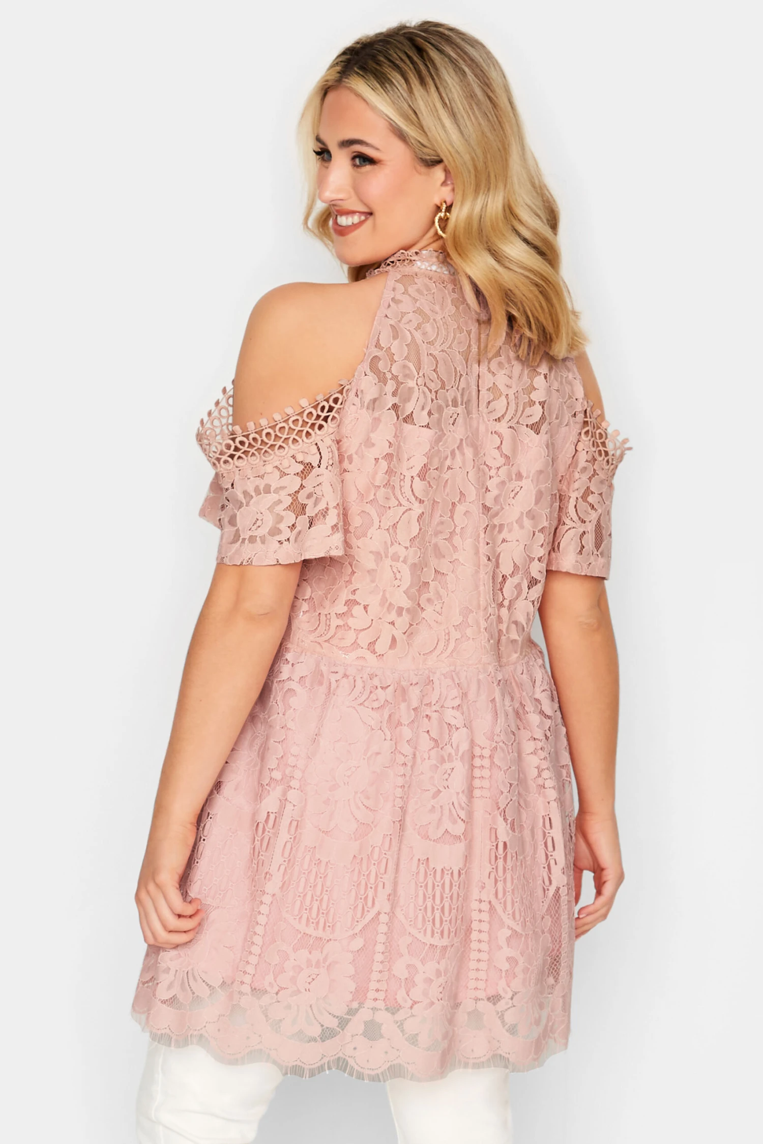 YOURS LONDON Curve Pink Cold Shoulder Lace Top 2 YOURS LONDON Curve Pink Cold Shoulder Lace Top - Image 2