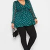 YOURS LONDON Curve Dark Green Polka Dot Wrap Top