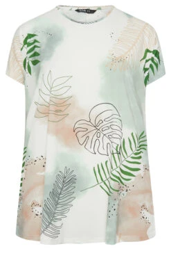 YOURS Curve White Leaf Print T-Shirt -Luna Looks Zone 7978f2f6 ff82 44 302103 X