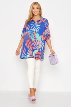 YOURS Curve Blue Leaf Print Collared Tunic Top