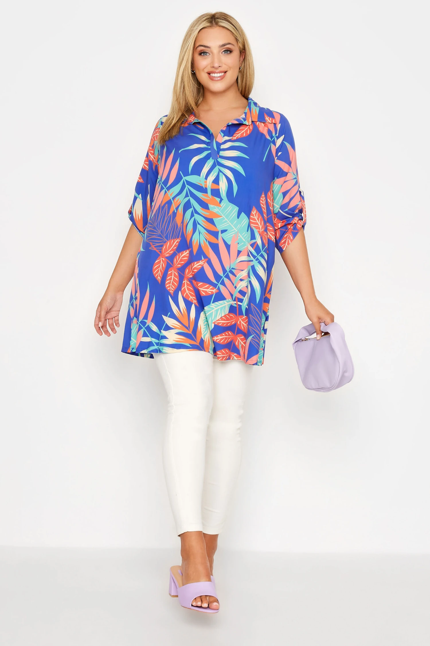 YOURS Curve Blue Leaf Print Collared Tunic Top 1 YOURS Curve Blue Leaf Print Collared Tunic Top