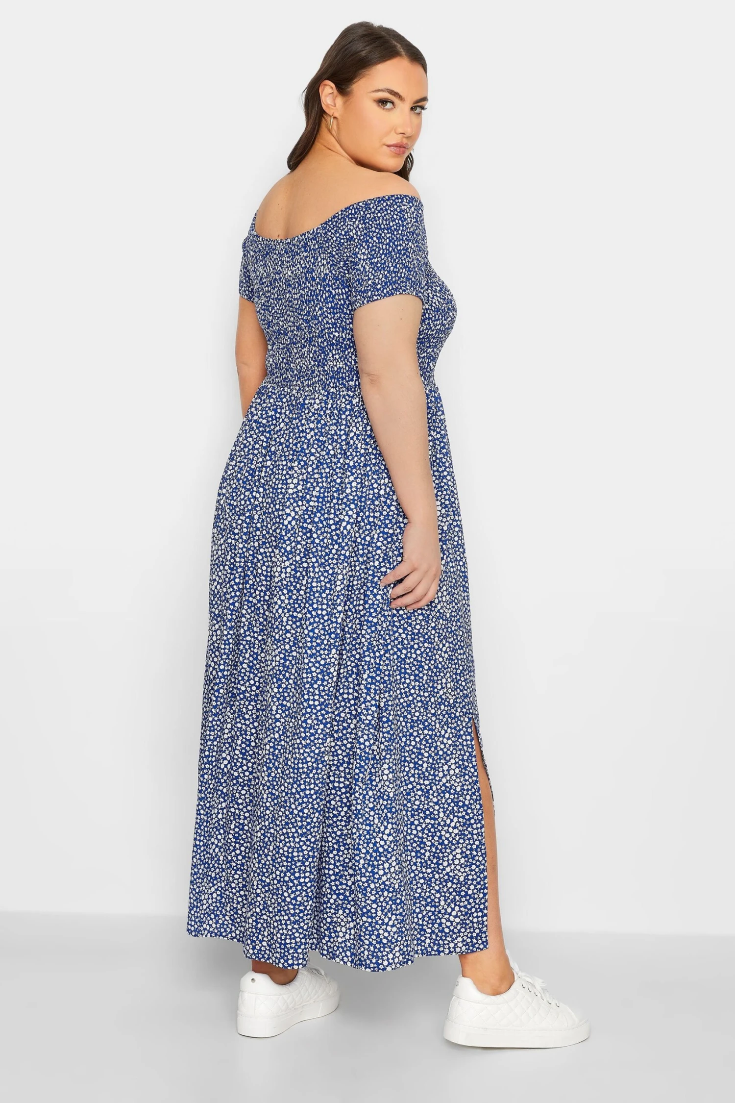 YOURS Curve Cobalt Blue Ditsy Print Shirred Bardot Maxi Dress 2 YOURS Curve Cobalt Blue Ditsy Print Shirred Bardot Maxi Dress - Image 2