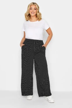YOURS PETITE Curve Black Pinstripe Wide Leg Trousers