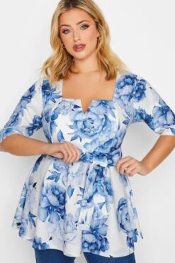 YOURS LONDON Curve White & Blue Floral Print Peplum Top -Luna Looks Zone 7b451018 bb49 4c 162092 D