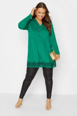 YOURS Curve Green Crochet Trim Long Sleeve Tunic Top