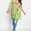 YOURS Curve Green Floral Double Layer Mesh Top