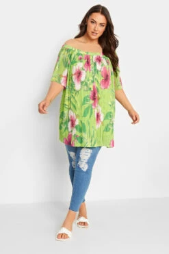 YOURS Curve Green Floral Double Layer Mesh Top