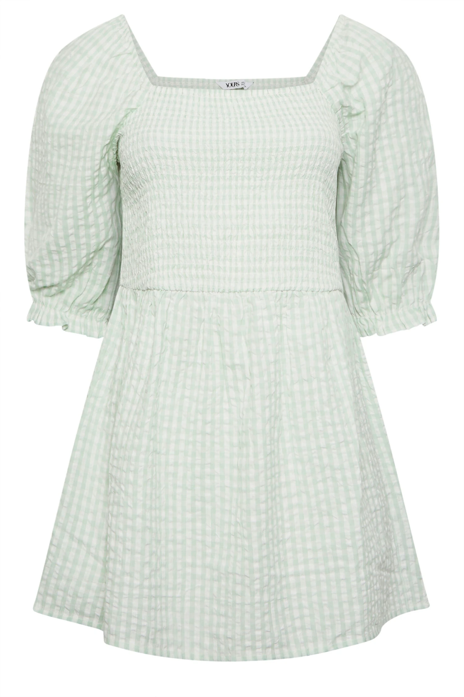 YOURS Curve Mint Green Gingham Print Square Neck Shirred Top 5 YOURS Curve Mint Green Gingham Print Square Neck Shirred Top - Image 5