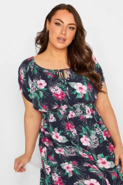 YOURS Curve Navy Blue Tropical Print Bardot Maxi Dress -Luna Looks Zone 8042f73d 501a 4b 137323 D