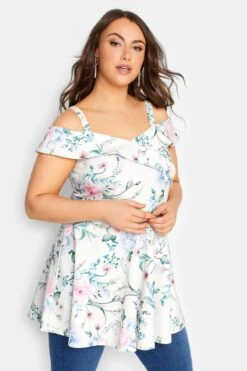 YOURS LONDON Curve White Floral Bardot Peplum Top -Luna Looks Zone 805e5f15 b7ee 43 162111 D