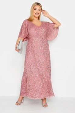 LUXE Curve Pink Hand Embellished Angel Sleeve Maxi Dress