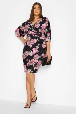 YOURS LONDON Curve Black Floral Drop Shoulder Wrap Dress
