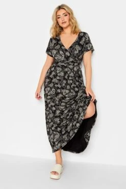 YOURS Curve Black Floral Wrap Tie Waist Maxi Dress