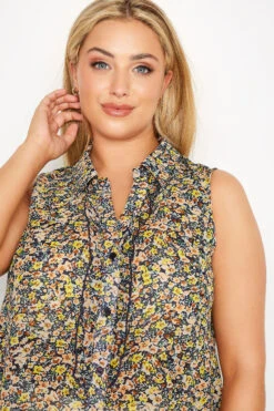 YOURS Curve Navy Blue Floral Print Sleeveless Frill Swing Blouse -Luna Looks Zone 833f5851 622d 41 173882 D