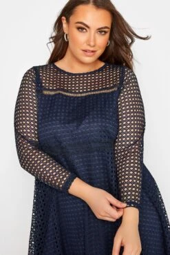 YOURS LONDON Curve Navy Blue Lace Midi Skater Dress -Luna Looks Zone 839025e5 406c 4b 161180 D