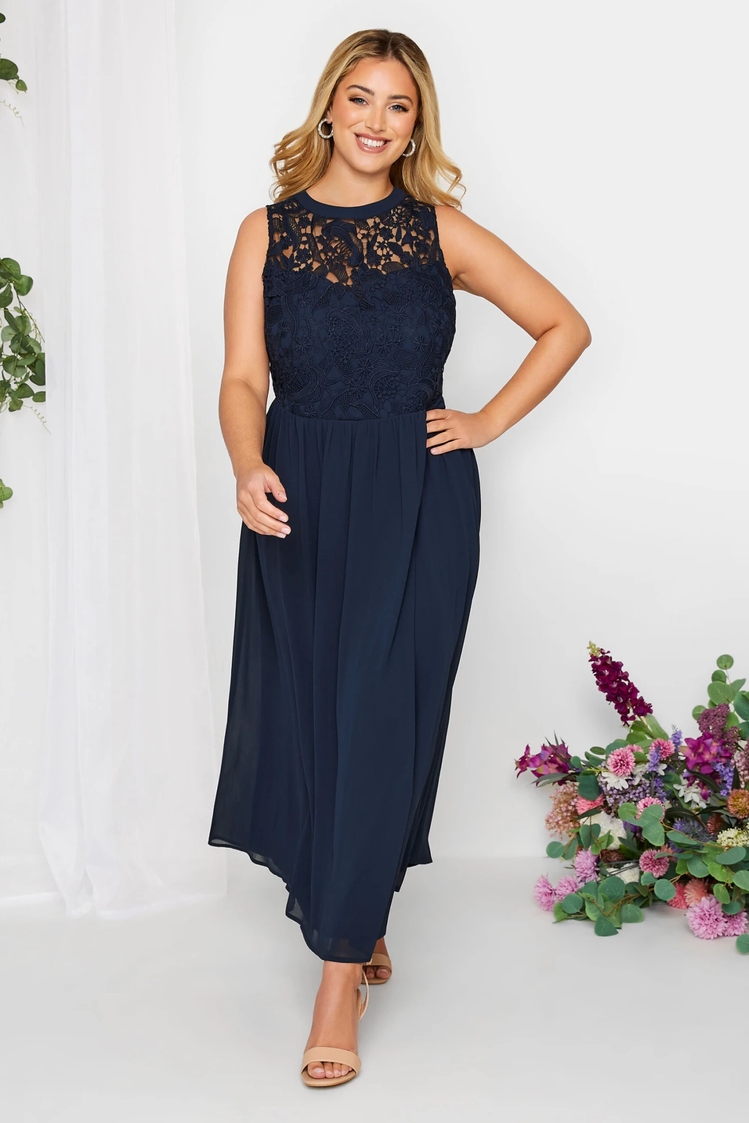 YOURS LONDON Curve Dark Blue Lace Front Chiffon Maxi Dress 1 YOURS LONDON Curve Dark Blue Lace Front Chiffon Maxi Dress