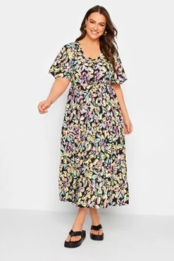 YOURS Curve Black Neon Floral Tiered Midi Dress